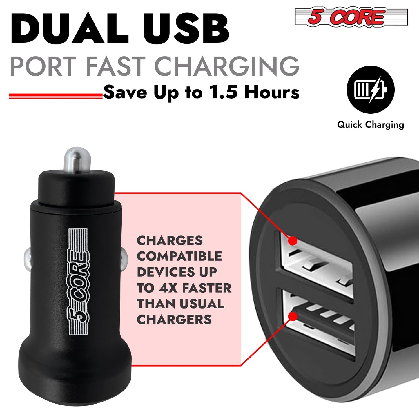 5 Core Fast Car Charger Pair Quick Charging Phone USB Adapter 2 Port Cigarette Lighter Auto Charger-1