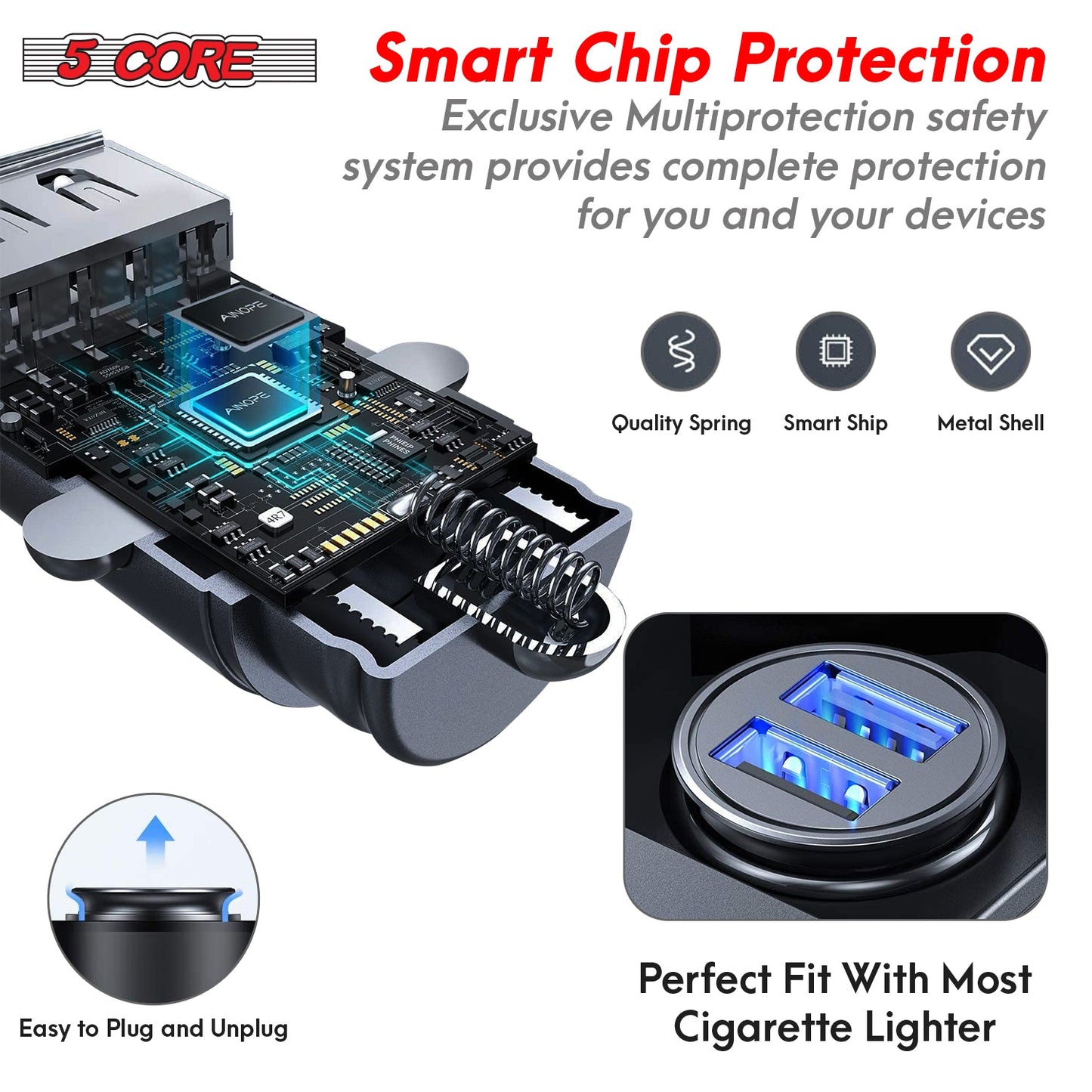 5 Core Fast Car Charger Pair Quick Charging Phone USB Adapter 2 Port Cigarette Lighter Auto Charger-3